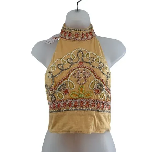 Free People Goa Embroidered Crop Top Yellow Size XS Tie Back Boho Halter Beaded - Picture 5 of 9